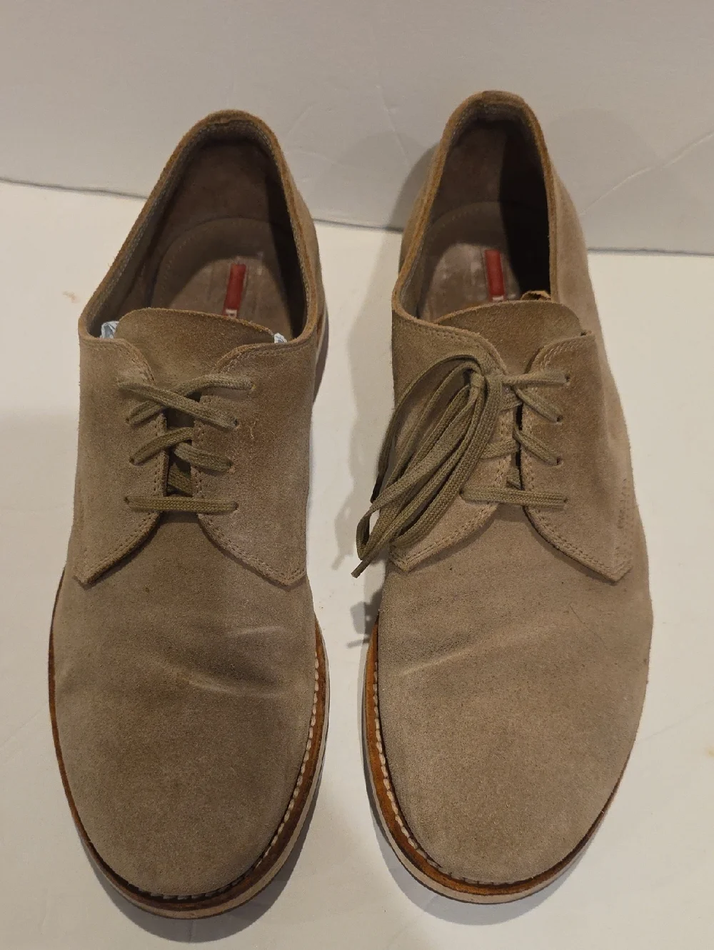 Prada Men's Suede Nubuck Buck Derby Shoes in Light Taupe Size 8